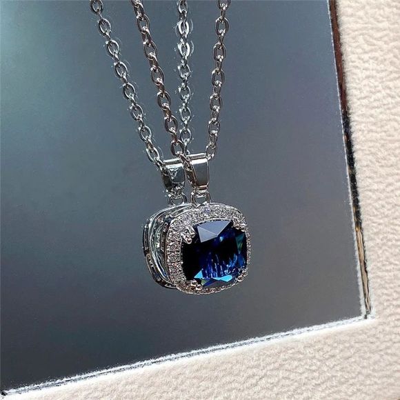 💙 Cushion Cut Blue Sapphire Cz Diamond Halo Necklace - Picture 7 of 14